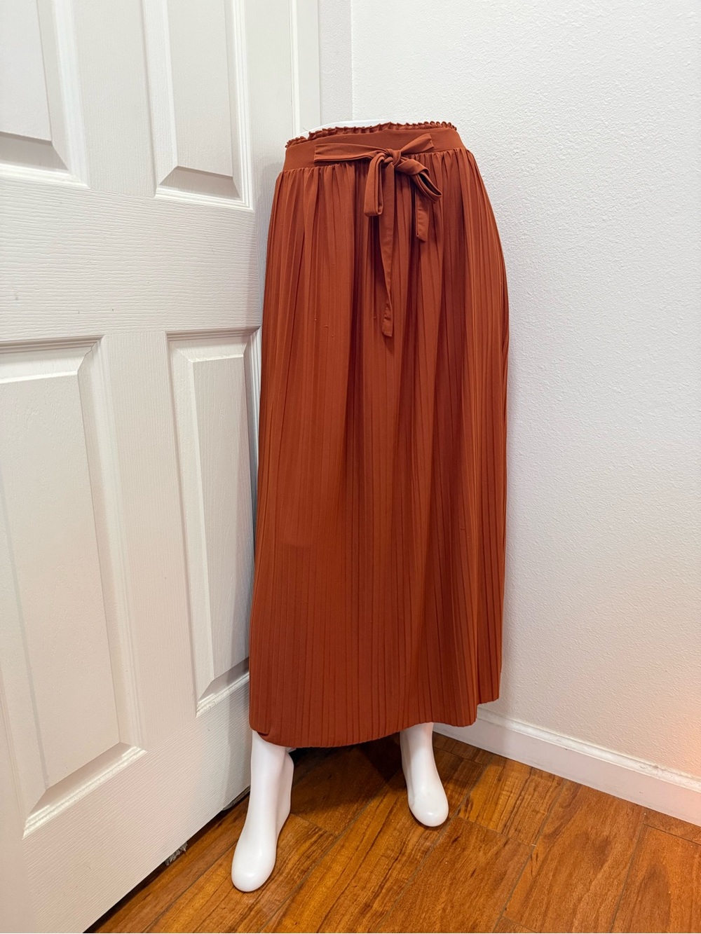 Soho Apparel Rust Orange Pleated Maxi Skirt with Tie Waist